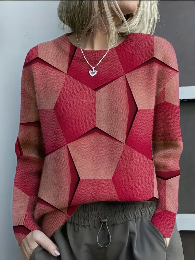 Nora | Damen Knit Sweater Geometrisches Muster Rundhals Langarm Pullover