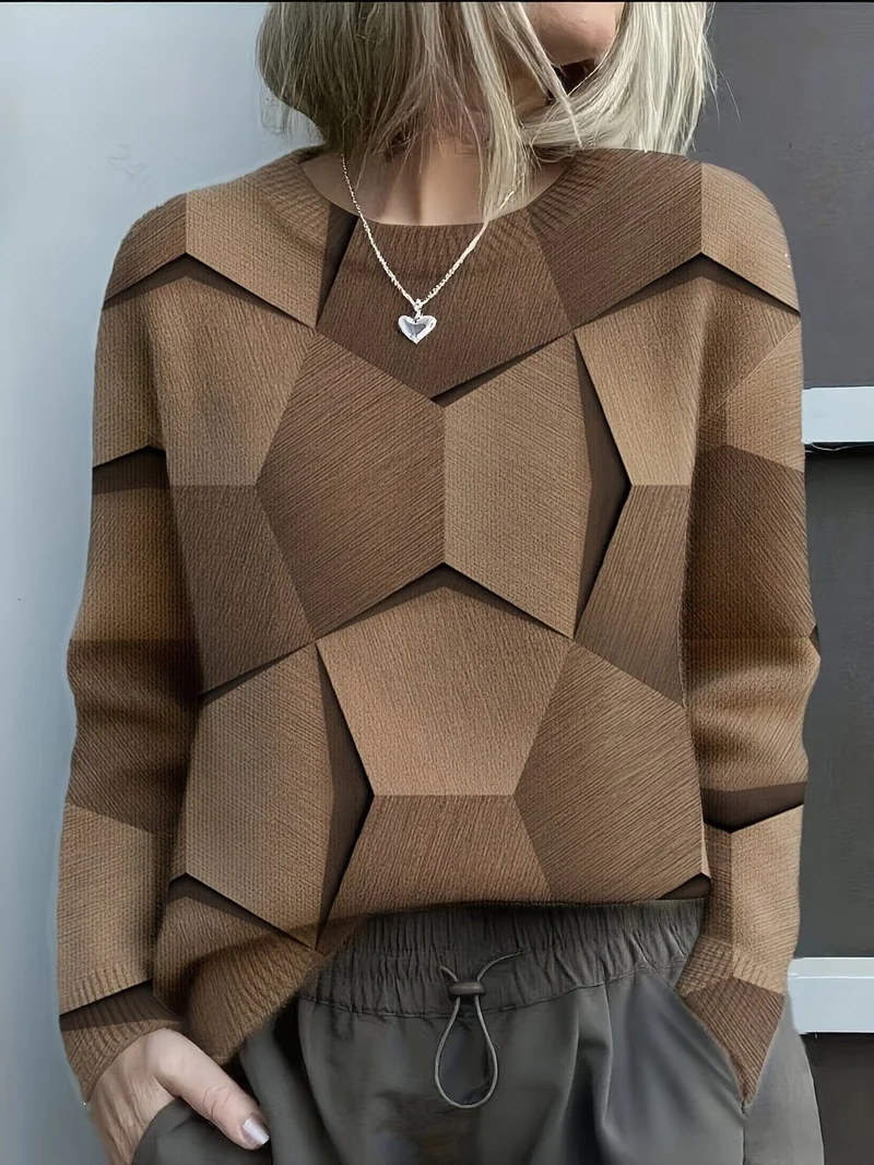 Nora | Damen Knit Sweater Geometrisches Muster Rundhals Langarm Pullover