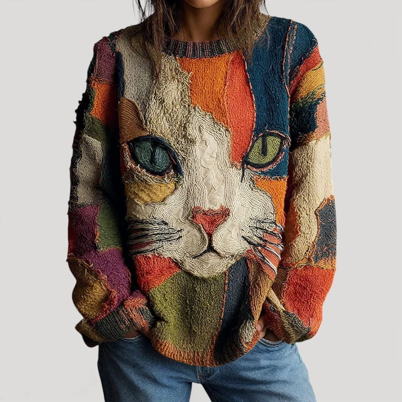 Charlotte | Damen Katzen-Motiv Bunter Knit Sweater Strukturierter Strickpullover