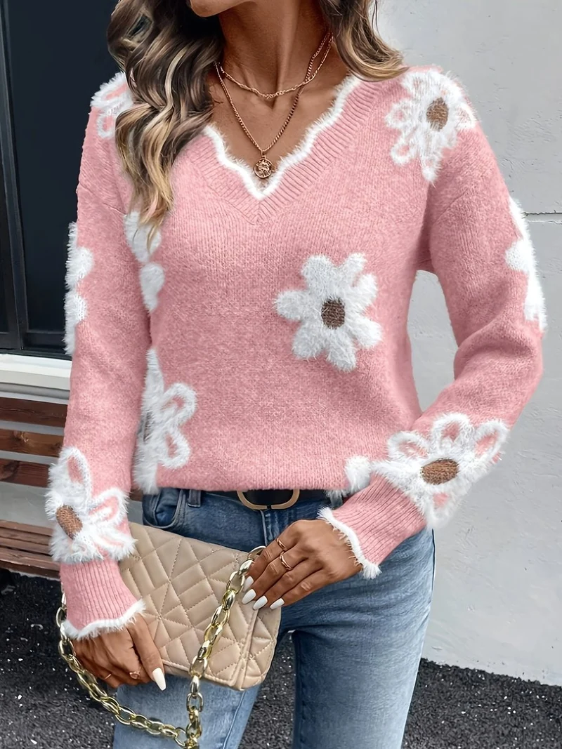 Hannah | Damen Floral V-Ausschnitt Knit Sweater mit Gänseblümchen-Muster