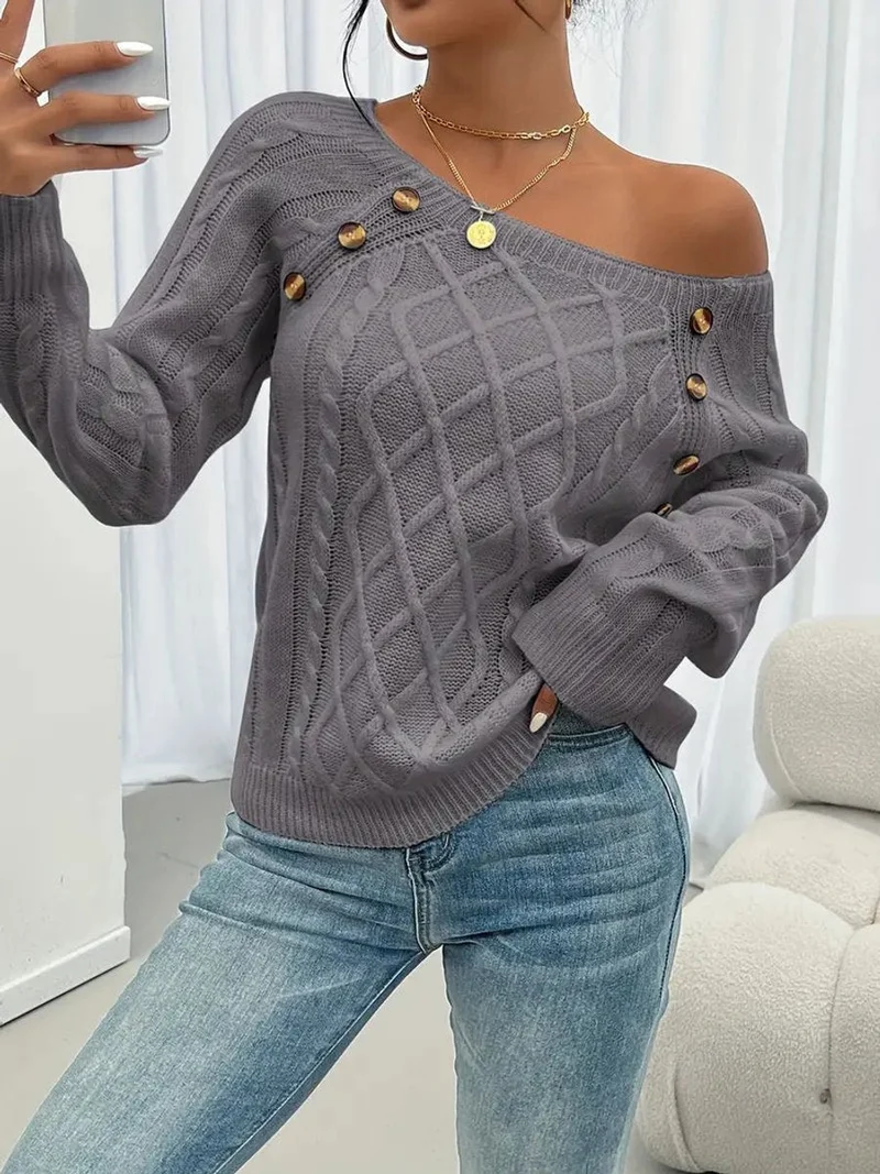 Elfriede | Damen Zopfmuster Knit Sweater Rundhals Raglanärmel Acryl Pullover