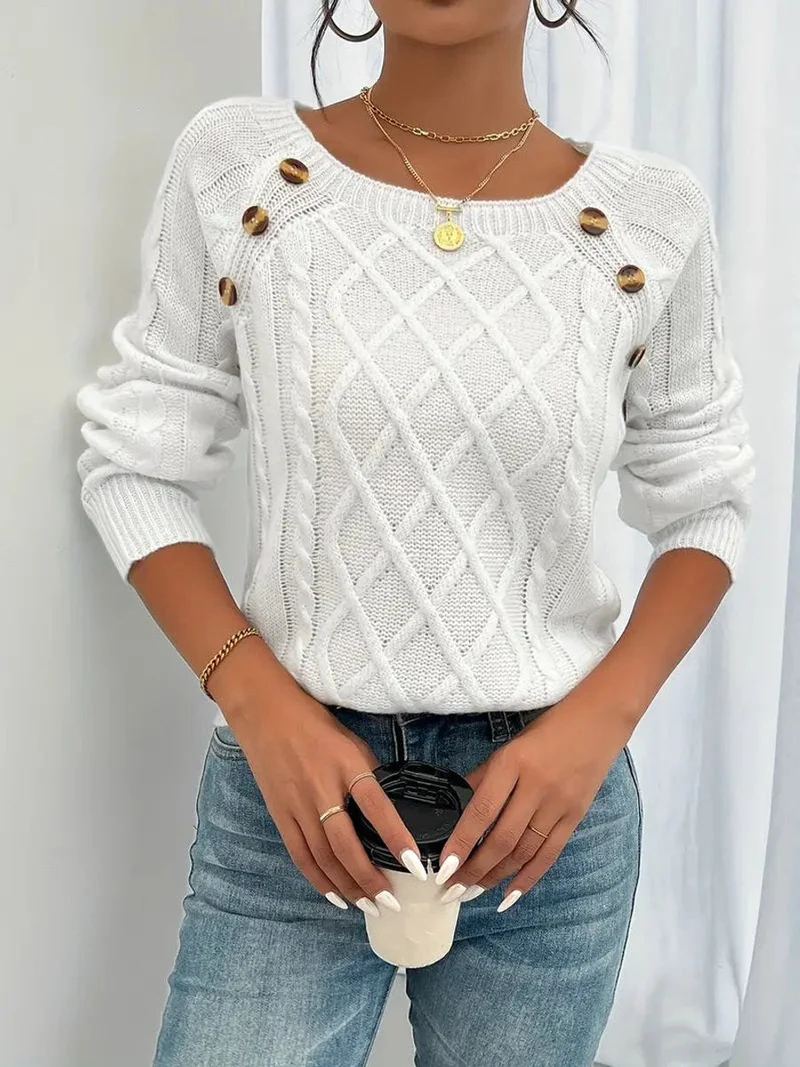 Elfriede | Damen Zopfmuster Knit Sweater Rundhals Raglanärmel Acryl Pullover