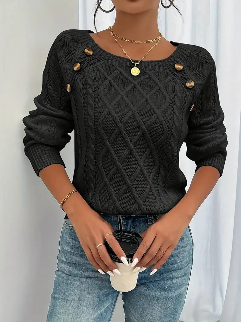 Elfriede | Damen Zopfmuster Knit Sweater Rundhals Raglanärmel Acryl Pullover
