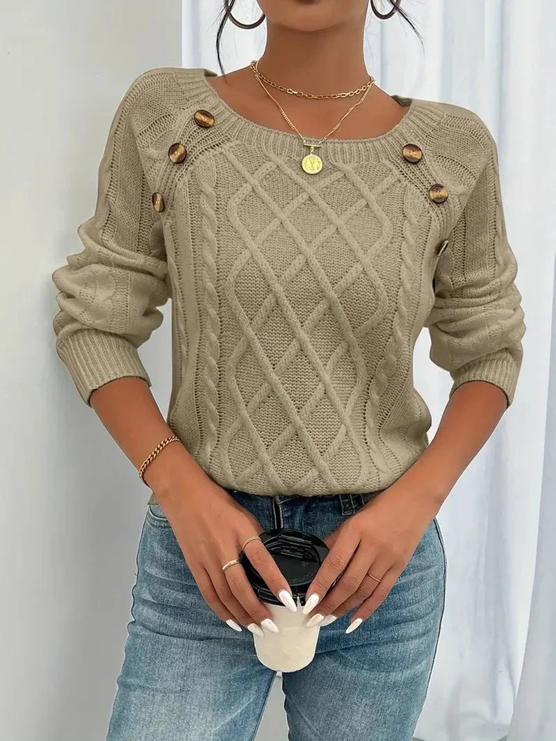 Elfriede | Damen Zopfmuster Knit Sweater Rundhals Raglanärmel Acryl Pullover
