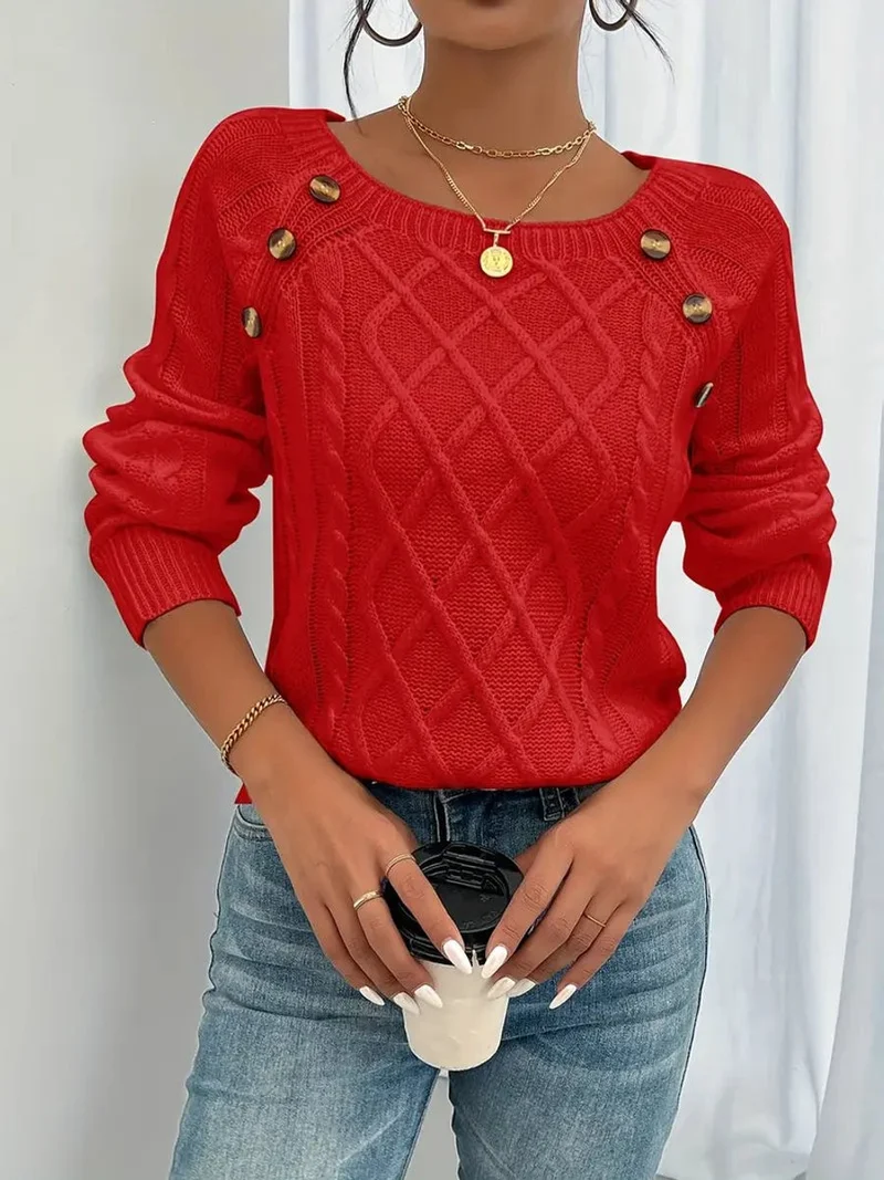 Elfriede | Damen Zopfmuster Knit Sweater Rundhals Raglanärmel Acryl Pullover