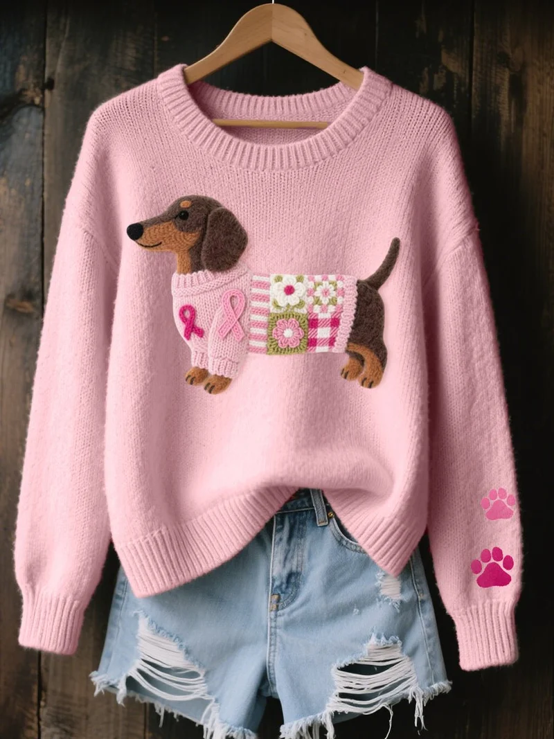 Johanna | Damen Dackel Patchwork Knit Sweater mit Pfotenabdruck-Detail
