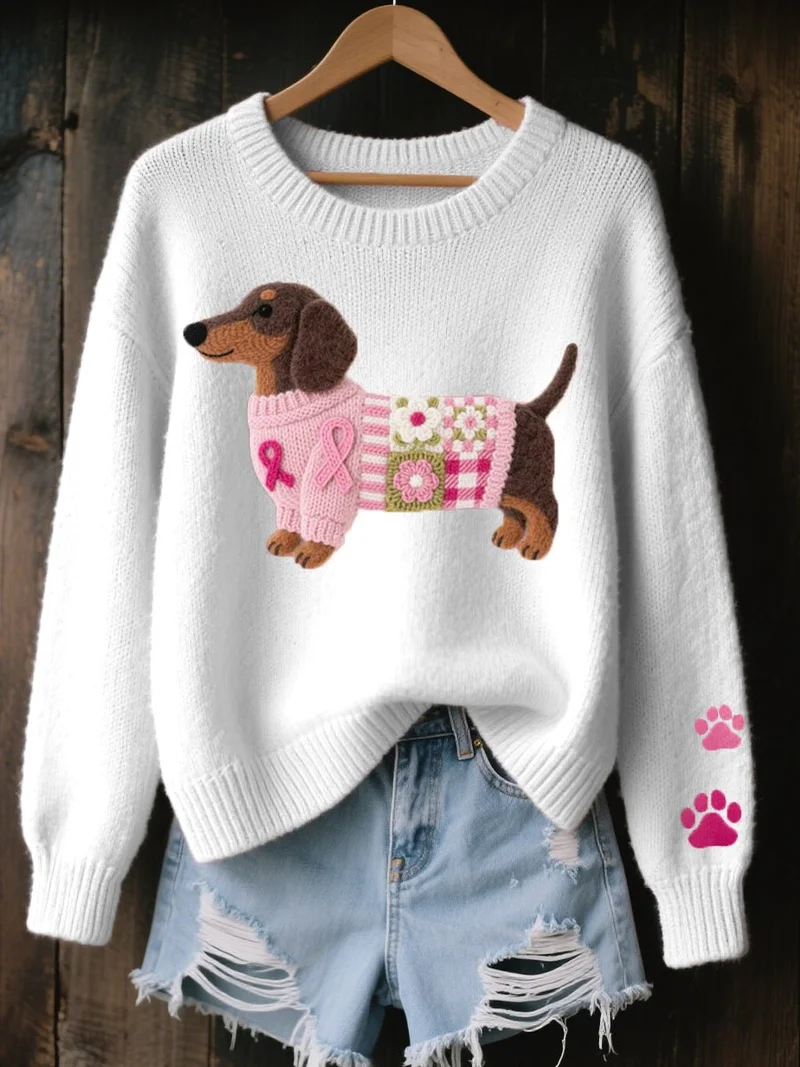 Johanna | Damen Dackel Patchwork Knit Sweater mit Pfotenabdruck-Detail