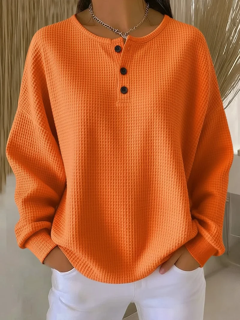 Marlene | Damen Waffelstrick Knit Sweater Langarm Henley Pullover