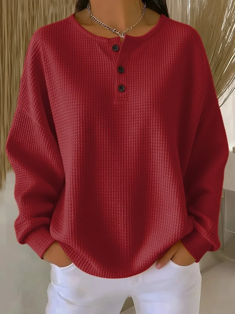 Marlene | Damen Waffelstrick Knit Sweater Langarm Henley Pullover