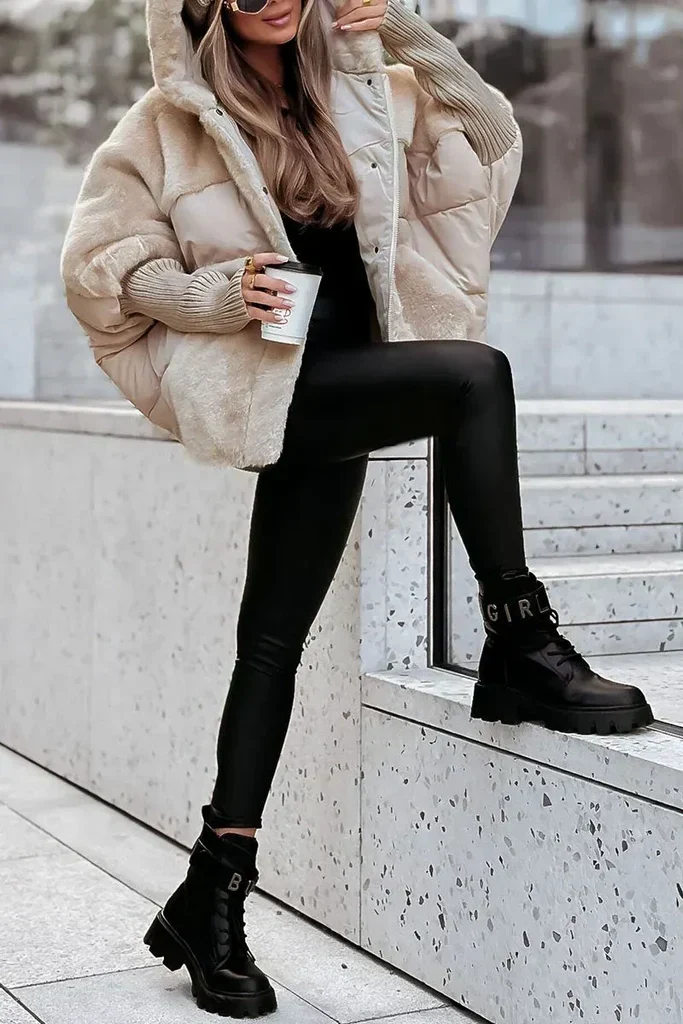 Damen Winter Daunenjacke mit Pelzkragen und Kapuze
