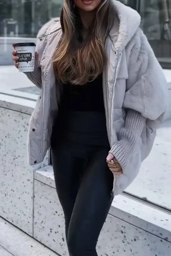 Damen Winter Daunenjacke mit Pelzkragen und Kapuze
