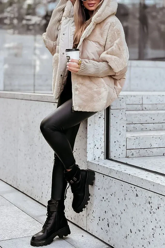 Damen Winter Daunenjacke mit Pelzkragen und Kapuze