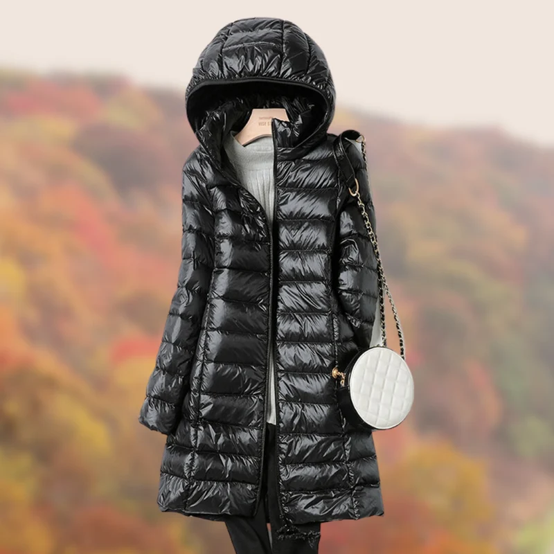 Leonie | Damen Glänzende Lange Steppjacke mit Kapuze