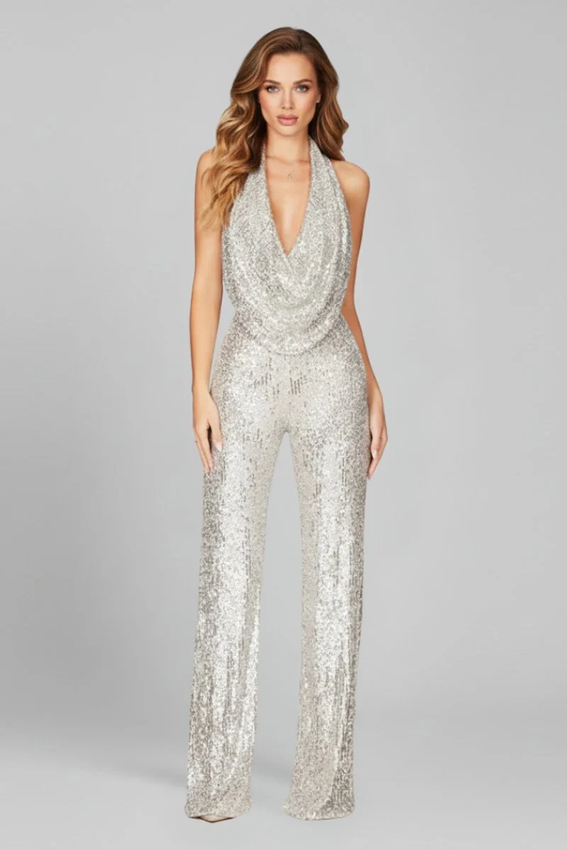 Annika | Damen Pailletten Jumpsuit Weites Bein Neckholder Wasserfall-Ausschnitt