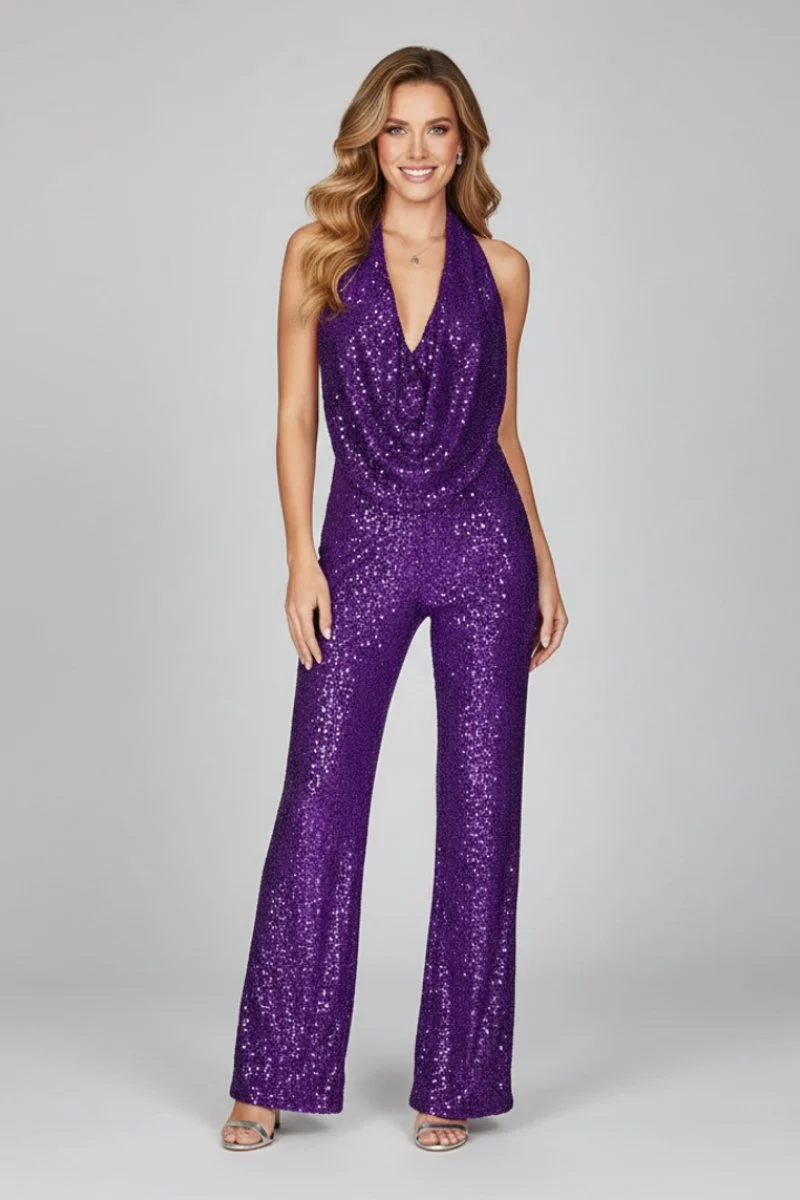 Annika | Damen Pailletten Jumpsuit Weites Bein Neckholder Wasserfall-Ausschnitt