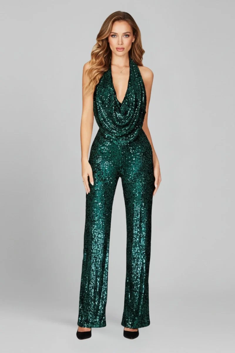 Annika | Damen Pailletten Jumpsuit Weites Bein Neckholder Wasserfall-Ausschnitt