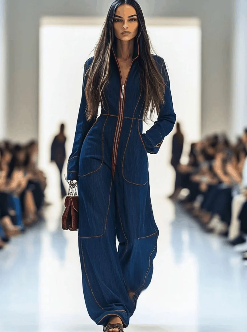 Johanna | Damen Langarm-Jumpsuit Wide Leg Pants Reißverschluss Kontrastnähte