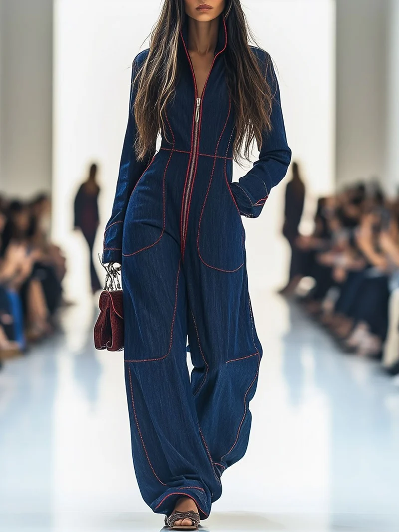 Johanna | Damen Langarm-Jumpsuit Wide Leg Pants Reißverschluss Kontrastnähte