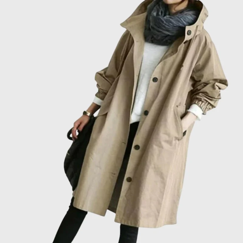 Frieda | Damen Trench Coat mit Kapuze wasserdicht Relaxed-Fit lang