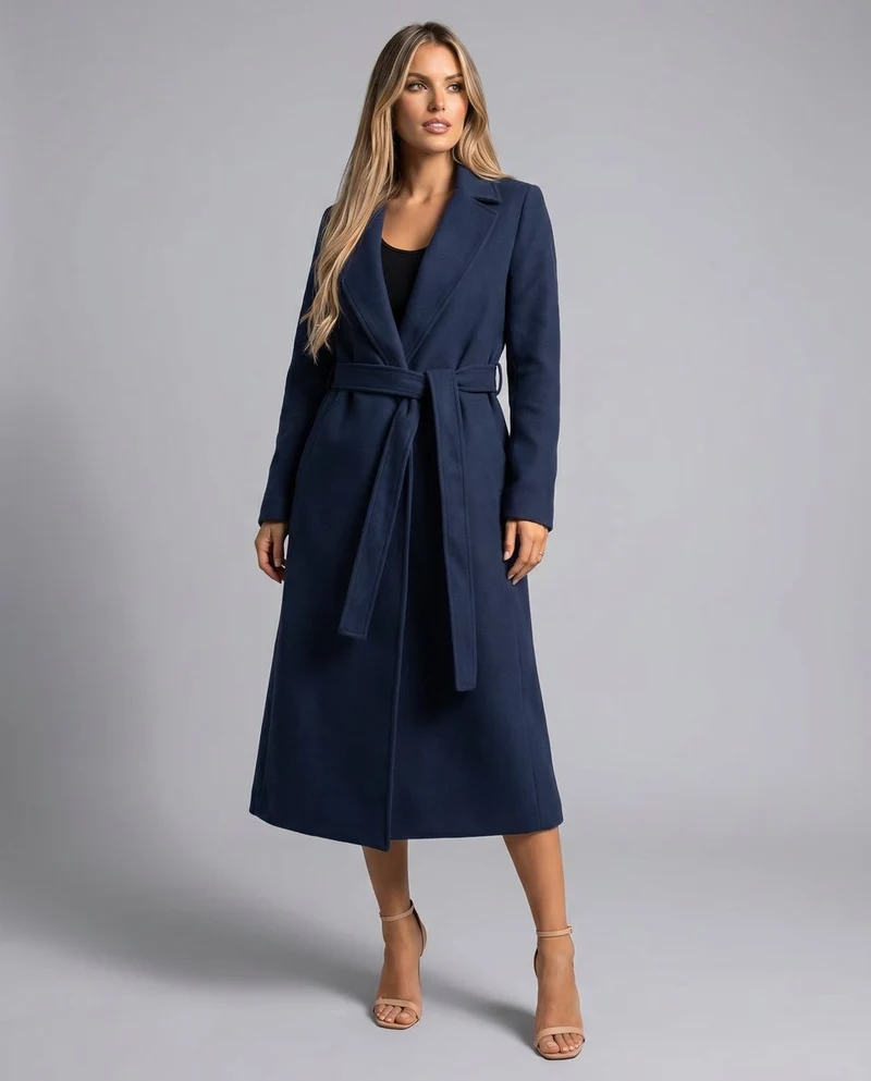 Hannah | Damen Wollmix Trench Coat Langer Gürtelmantel mit Reverskragen