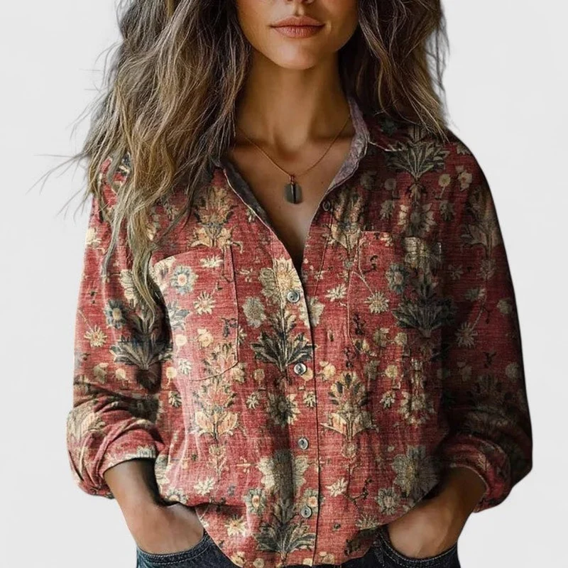 Frieda | Damen Boho Bluse Langarm geknöpft mit Blumenmuster