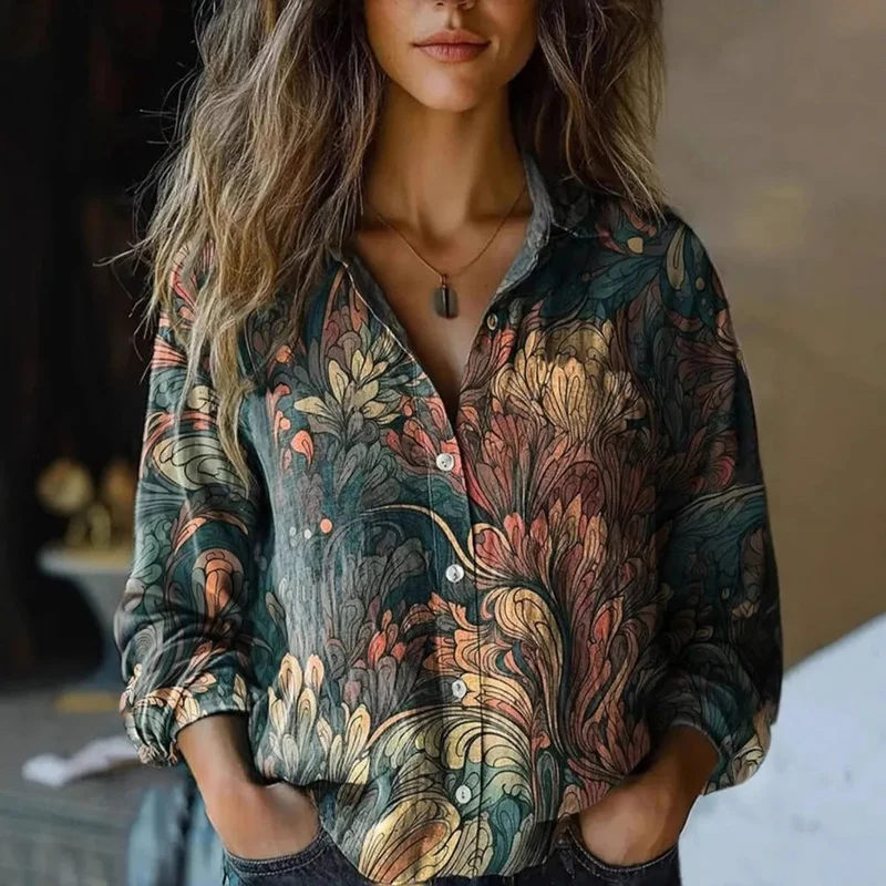 Frieda | Damen Boho Bluse Langarm geknöpft mit Blumenmuster