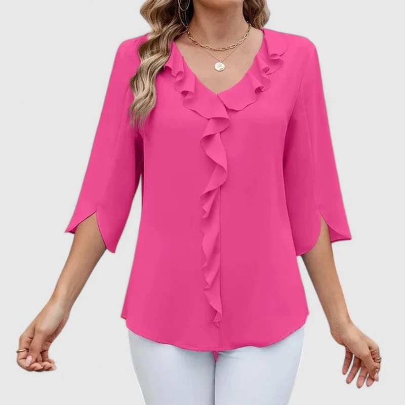 Clara | Damen elegante Rüschen-Bluse mit V-Ausschnitt 3/4-Arm