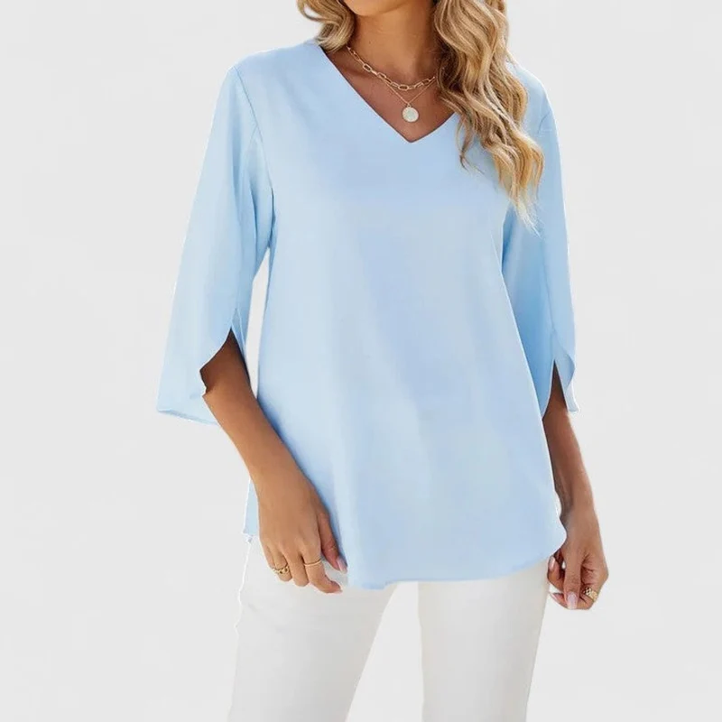 Clara | Damen elegante Rüschen-Bluse mit V-Ausschnitt 3/4-Arm