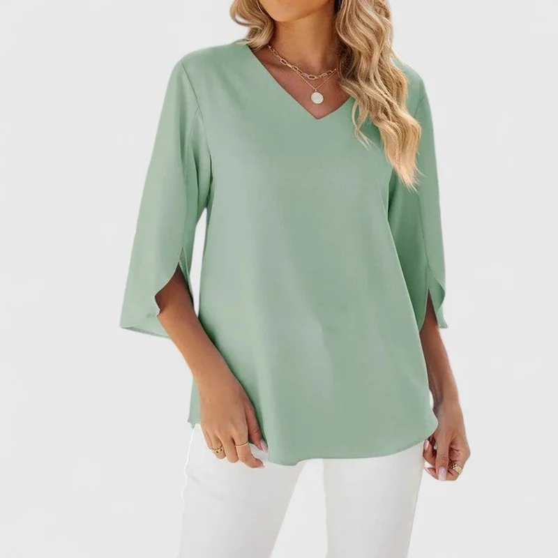 Clara | Damen elegante Rüschen-Bluse mit V-Ausschnitt 3/4-Arm
