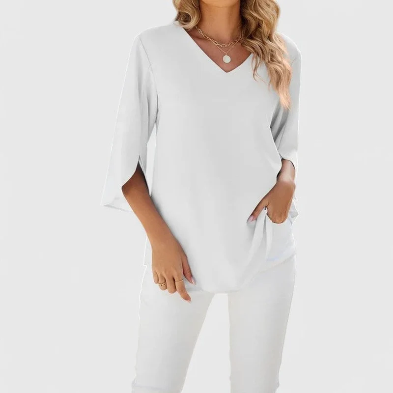 Clara | Damen elegante Rüschen-Bluse mit V-Ausschnitt 3/4-Arm
