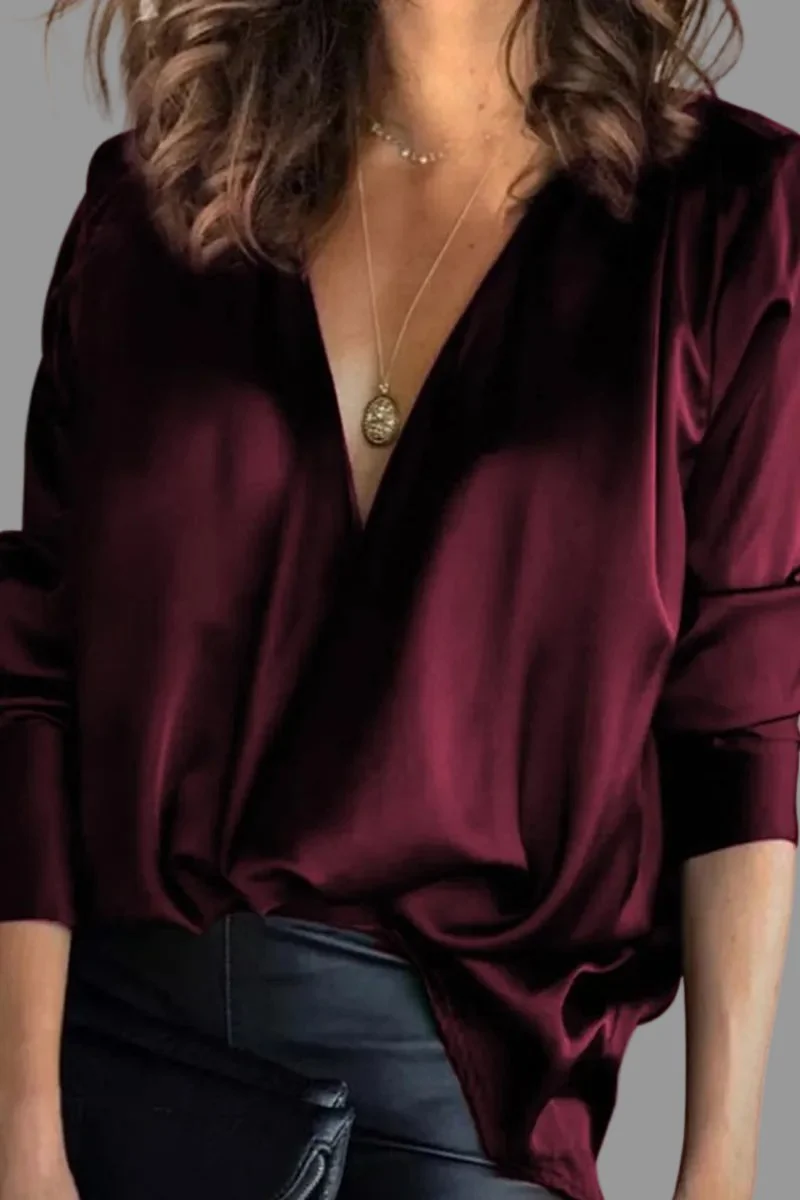 Sophie | Damen Elegante Satin-Bluse Tiefer V-Ausschnitt Langarm