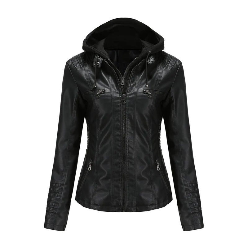 Lara | Damen Kunstleder-Motorradjacke mit Kapuze