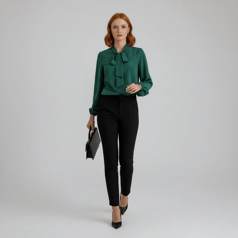 Emilia | Damen Langarm-Bluse mit Schleifenkragen und weitem Schnitt