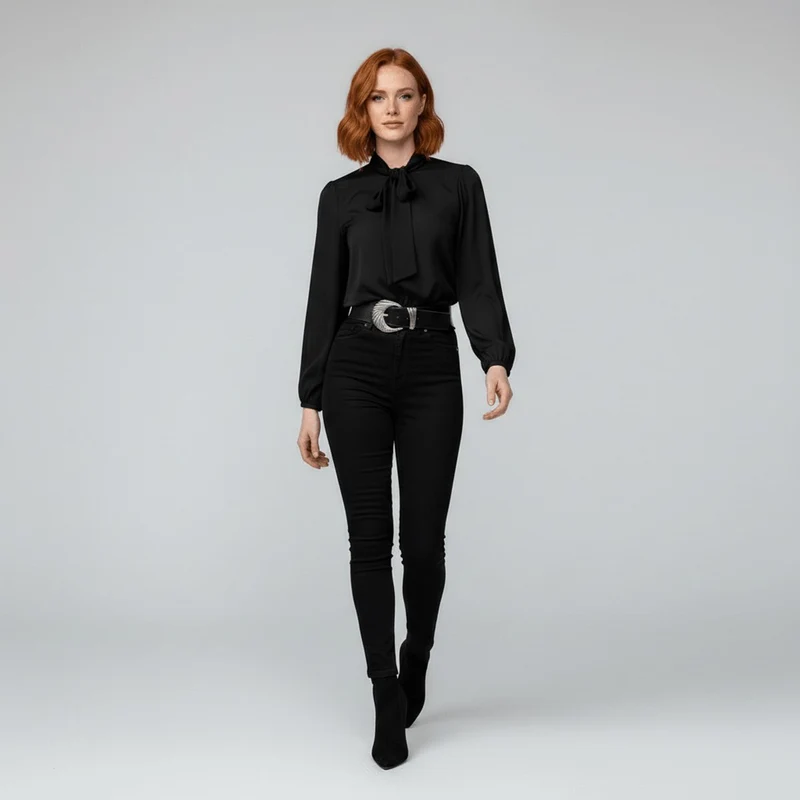 Emilia | Damen Langarm-Bluse mit Schleifenkragen und weitem Schnitt