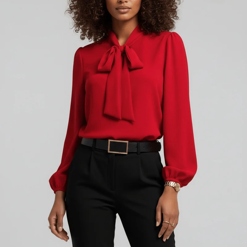 Emilia | Damen Langarm-Bluse mit Schleifenkragen und weitem Schnitt