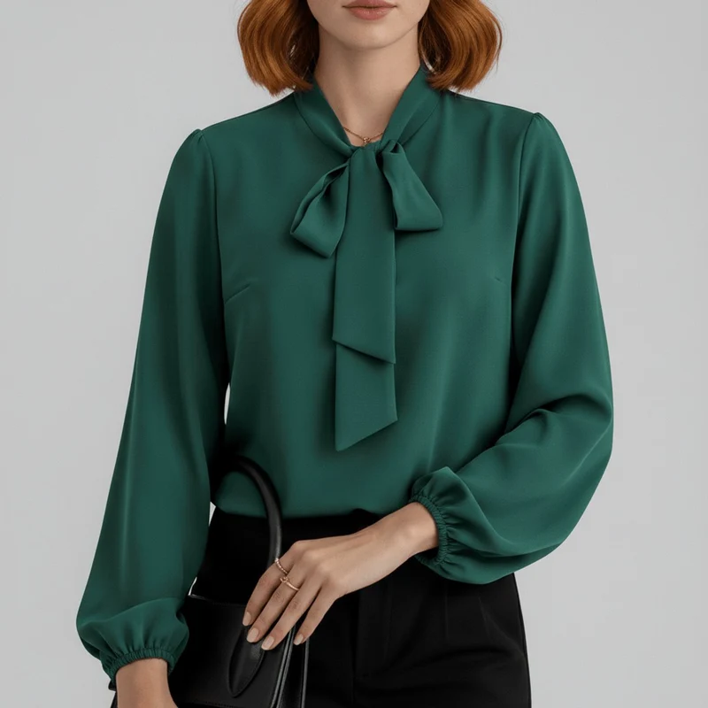 Emilia | Damen Langarm-Bluse mit Schleifenkragen und weitem Schnitt