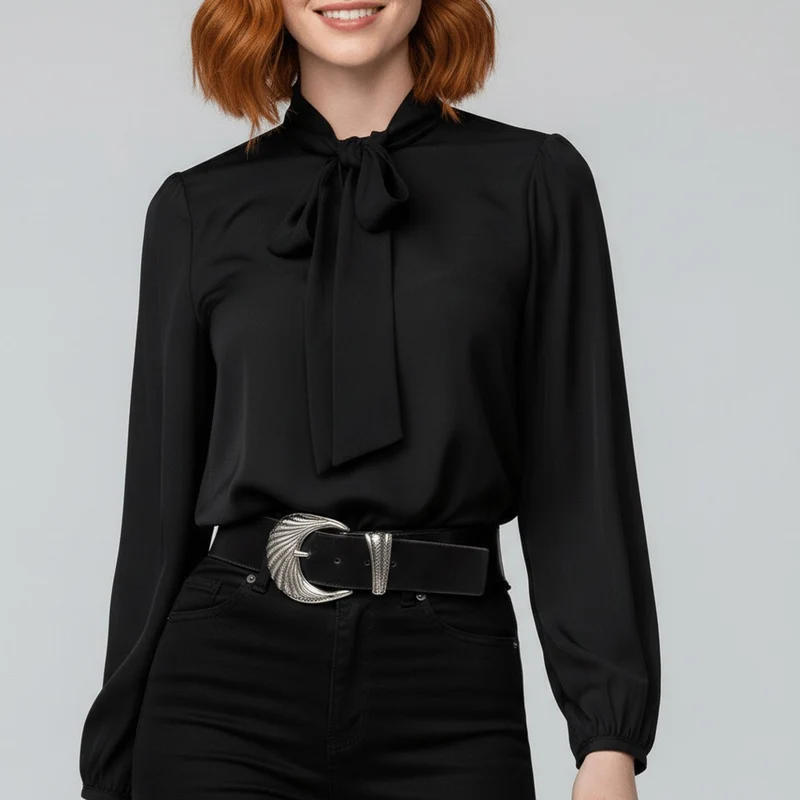 Emilia | Damen Langarm-Bluse mit Schleifenkragen und weitem Schnitt