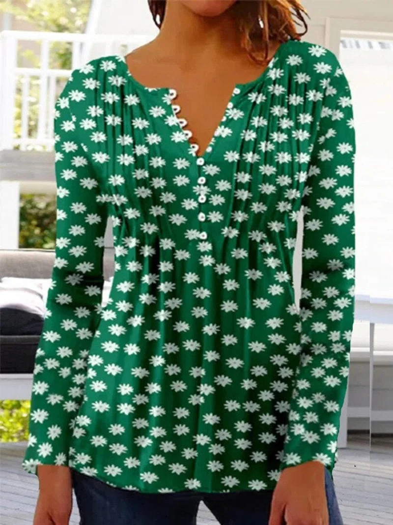 Greta | Damen Geblümte Henley-Bluse Relaxed Fit Lange Ärmel Rosenprint