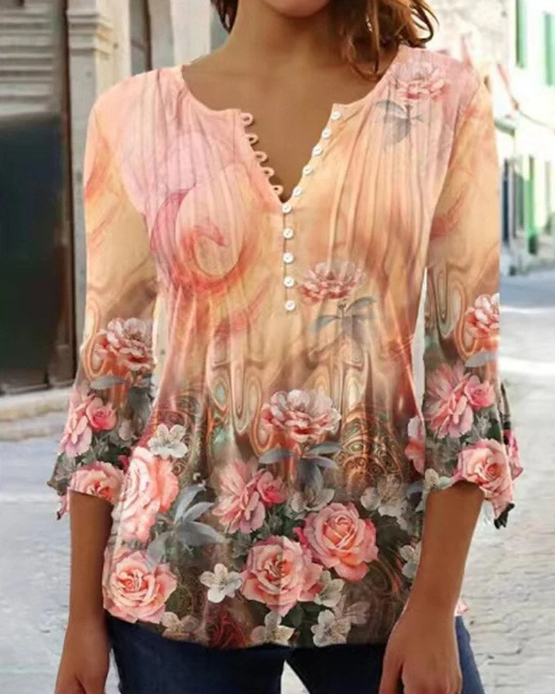 Greta | Damen Geblümte Henley-Bluse Relaxed Fit Lange Ärmel Rosenprint