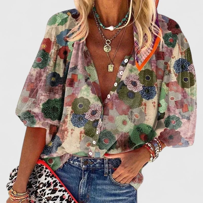 Johanna | Amelia Damen Bluse mit Blumendruck V-Ausschnitt Knopfleiste Relaxed Fit