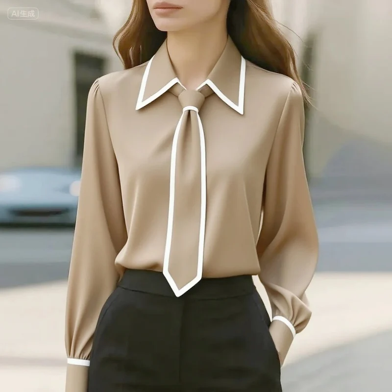 Emilia | Damen Langarm-Bluse mit Kontrastpaspel abnehmbarer Krawatte Knopfleiste