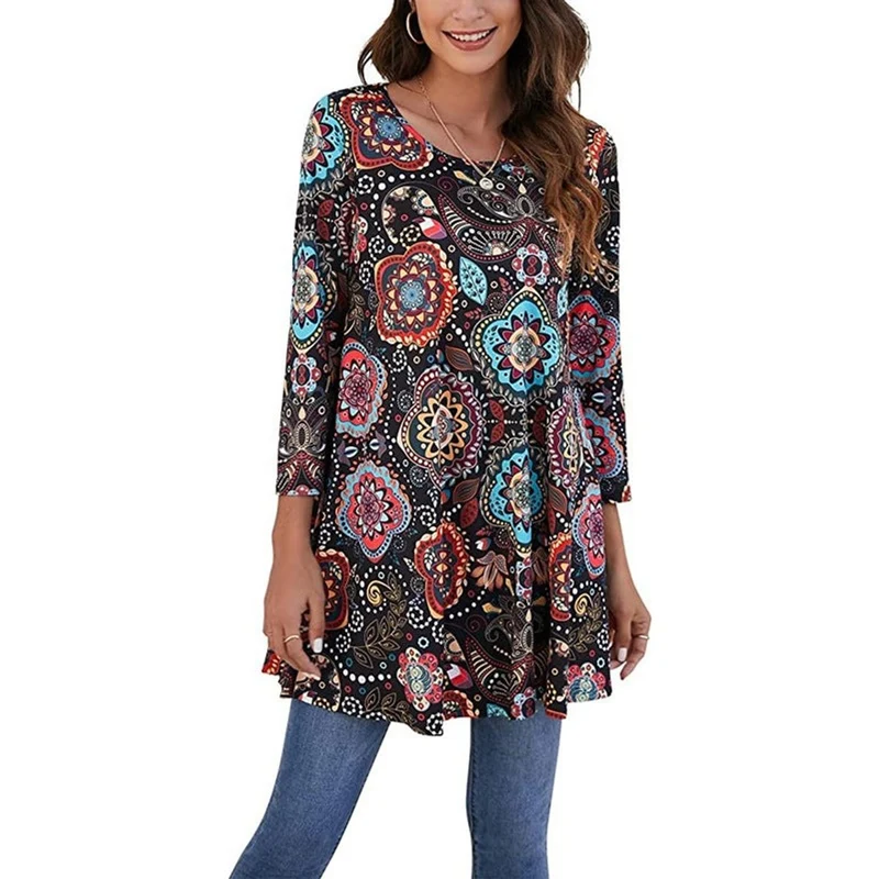 Elisabeth | Damen Tunika mit buntem Mandala-Druck 3/4-Arm ausgestellt