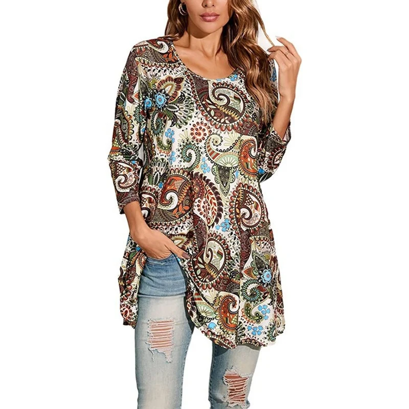 Elisabeth | Damen Tunika mit buntem Mandala-Druck 3/4-Arm ausgestellt