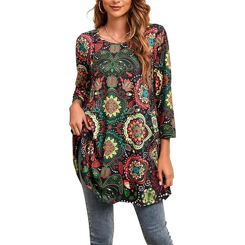 Elisabeth | Damen Tunika mit buntem Mandala-Druck 3/4-Arm ausgestellt