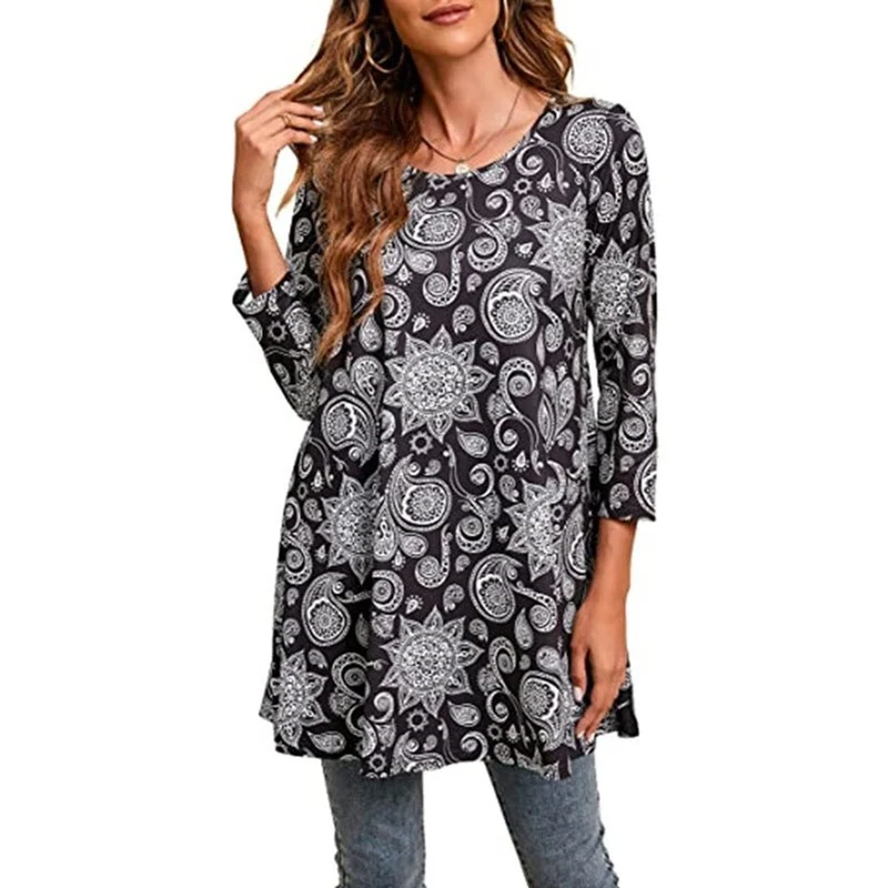 Elisabeth | Damen Tunika mit buntem Mandala-Druck 3/4-Arm ausgestellt
