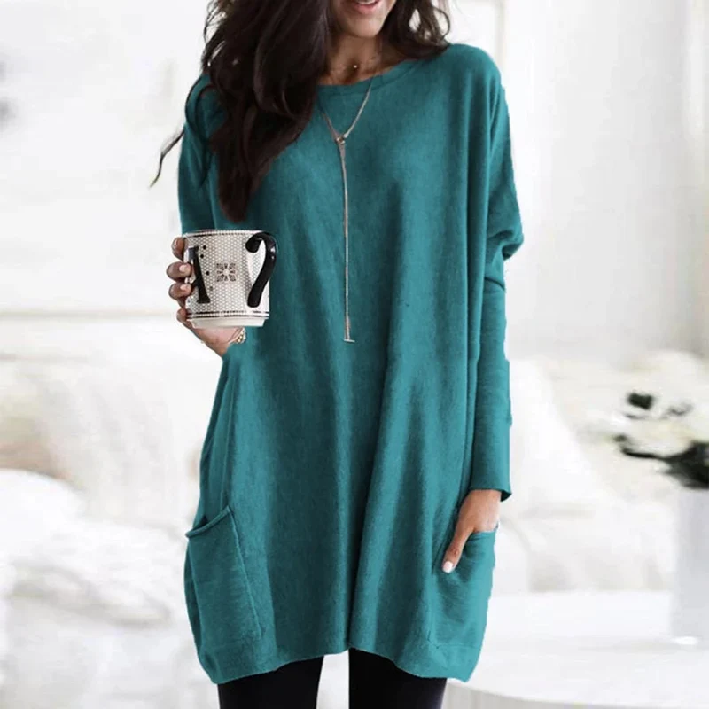 Amelie | Damen Oversized Langarm Tunika mit Taschen Rundhals Pullover