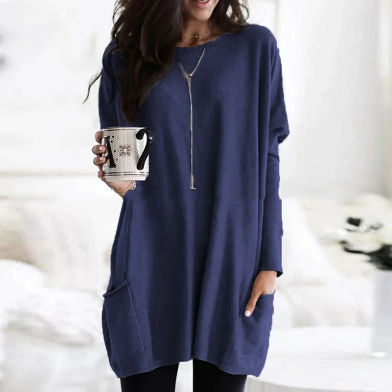 Amelie | Damen Oversized Langarm Tunika mit Taschen Rundhals Pullover