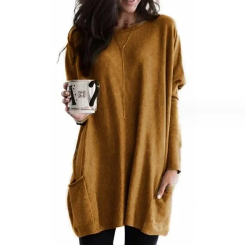 Amelie | Damen Oversized Langarm Tunika mit Taschen Rundhals Pullover