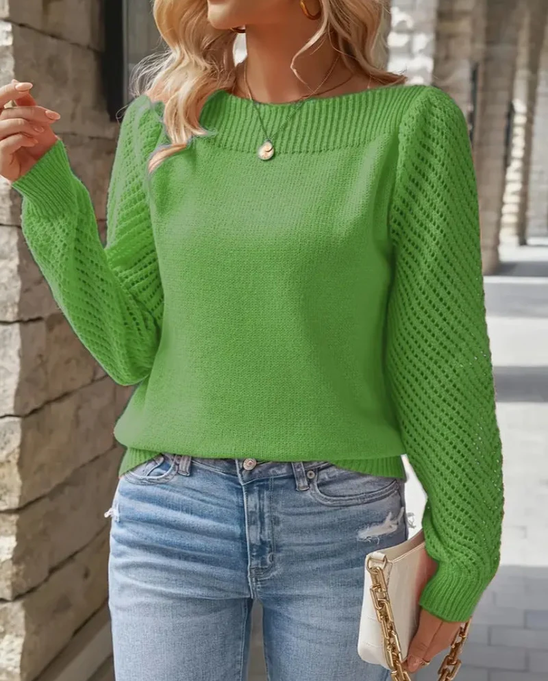 Damen Feinripp Pullover mit Ajour Puffärmeln und Bootsausschnitt