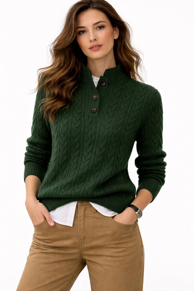 Charlotte | Damen Zopfstrick Wollmix Sweater mit Knopfkragen